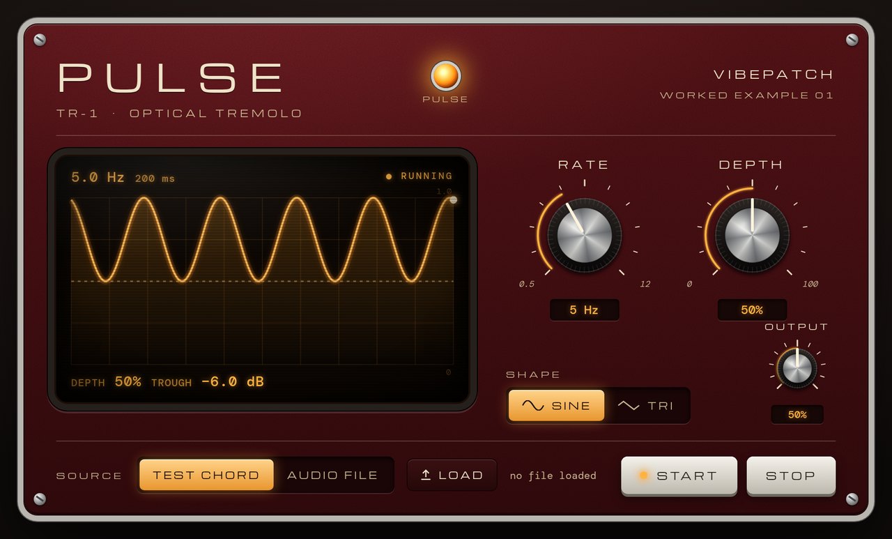 PULSE TR-1 tremolo running in Chrome: Rate 5 Hz with the knob pointer left of centre, Depth 50 %, Output 50 %, Sine selected, and a scope showing a 5 Hz sine with a trough at −6.0 dB
