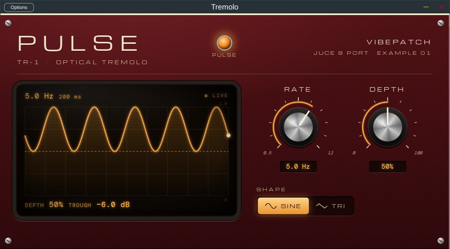 The same PULSE panel inside the JUCE 8 standalone window on Linux: Rate 5.0 Hz with the knob pointer right of centre, Depth 50 %, Sine selected, and no Output knob